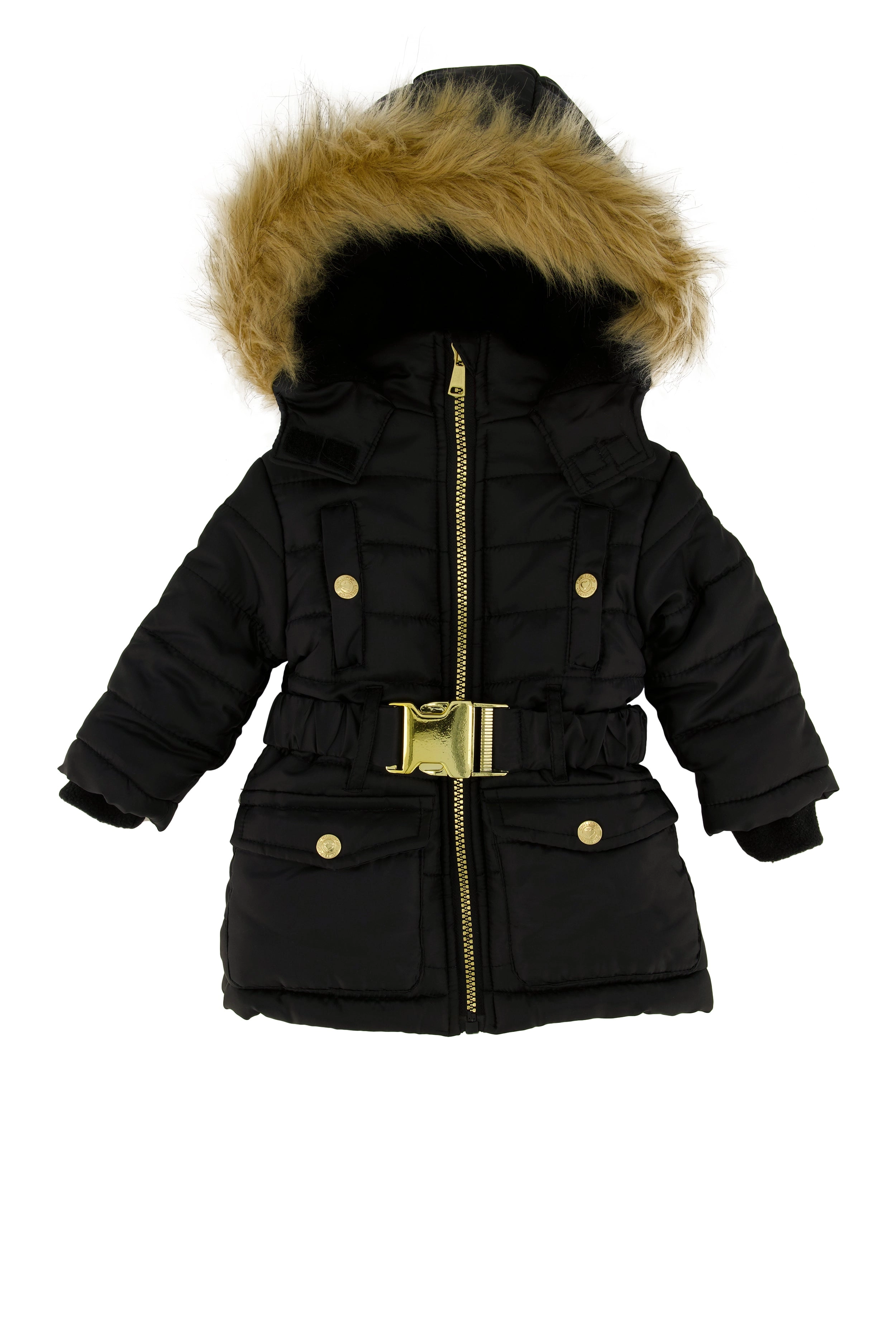 Baby Girl 12-24M Faux Fur Trim Belted Puffer Jacket