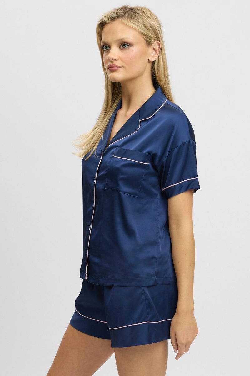 Blue Satin Pajamas Set Short Sleeve