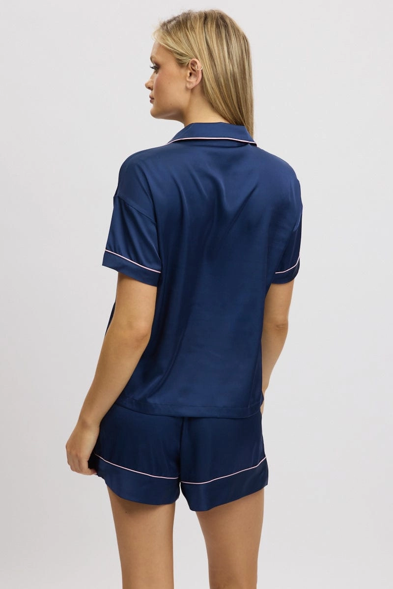 Blue Satin Pajamas Set Short Sleeve