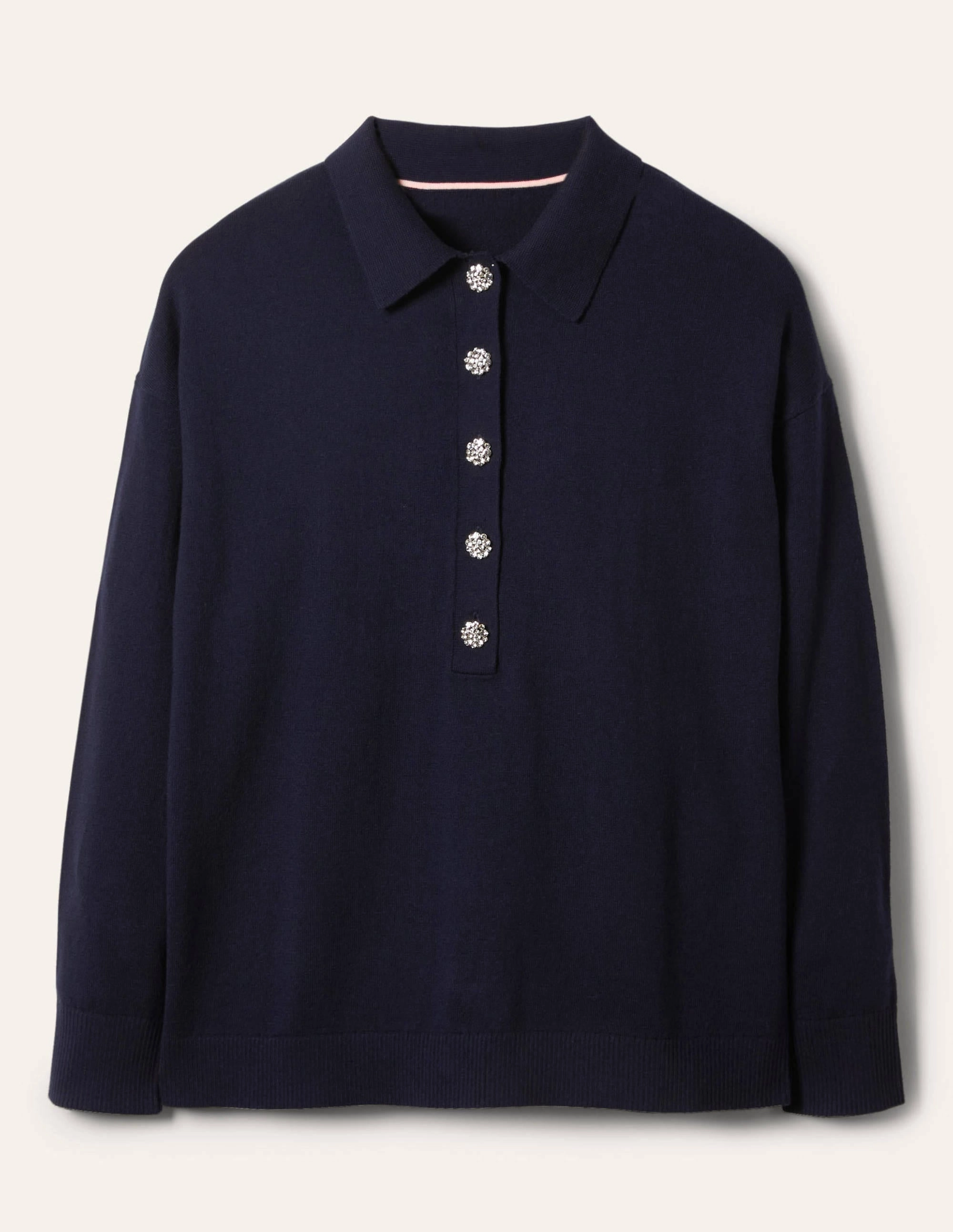 Jewelled Button Rugby Jumper-Navy