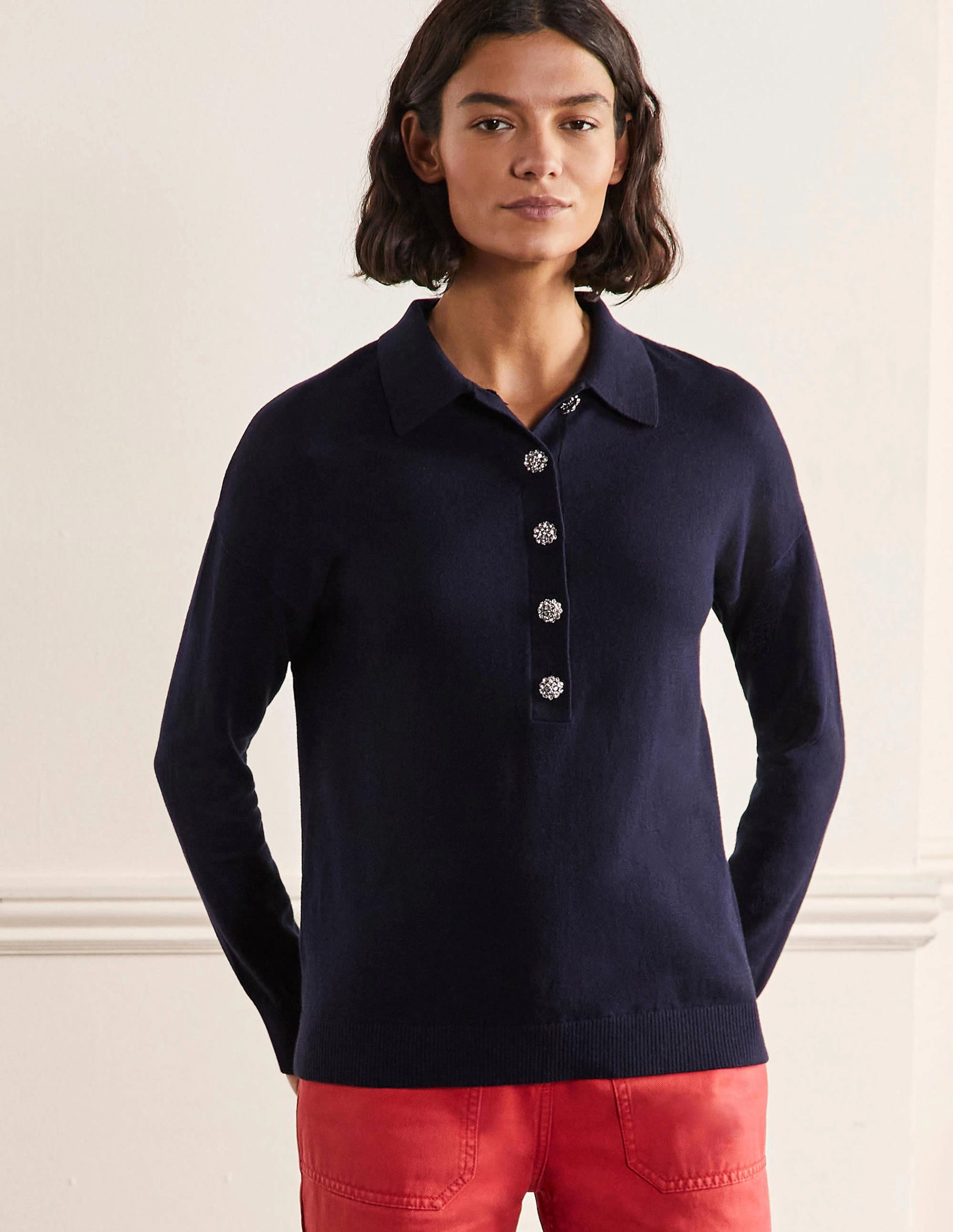 Jewelled Button Rugby Jumper-Navy