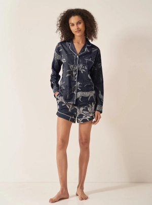 Navy Jungle Women's Long Sleeve Organic Cotton Pyjama Short Set