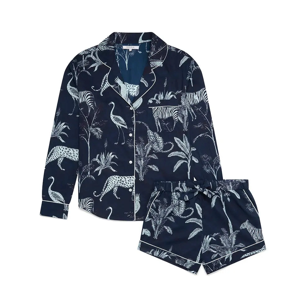 Navy Jungle Women's Long Sleeve Organic Cotton Pyjama Short Set