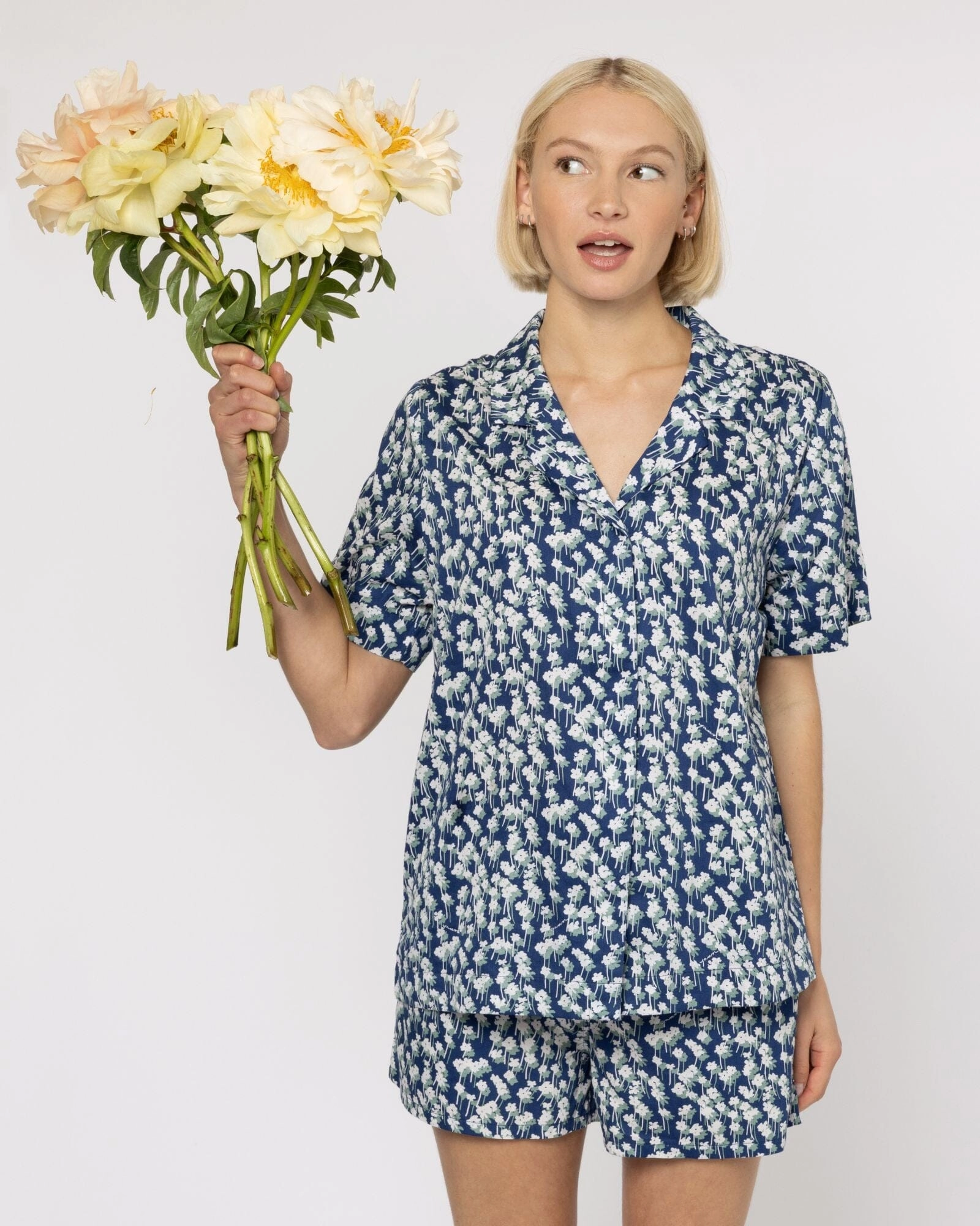 Organic Cotton Navy Short Pyjama Set, Spray of Flowers