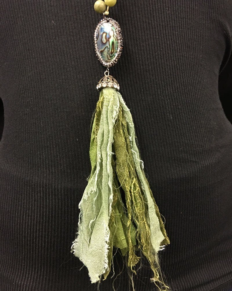 Shabby Chic Abalone Fabric Tassel Necklace