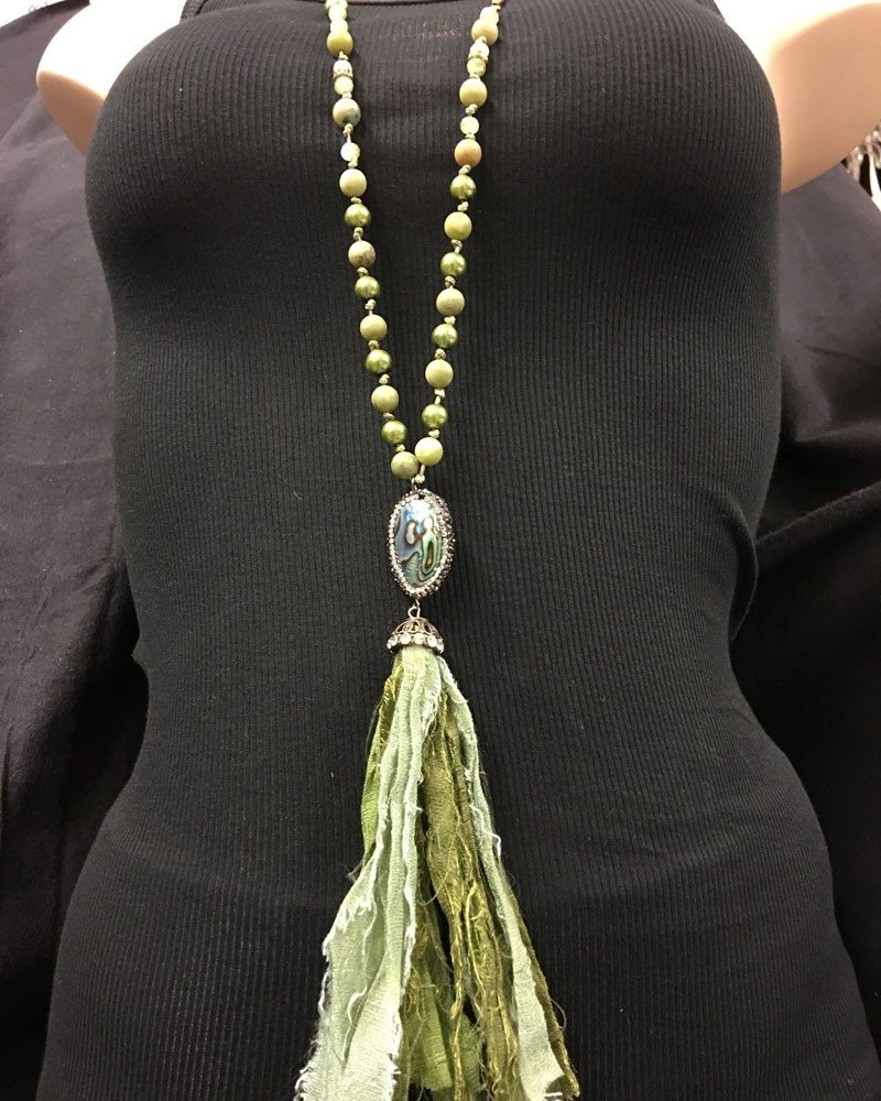 Shabby Chic Abalone Fabric Tassel Necklace