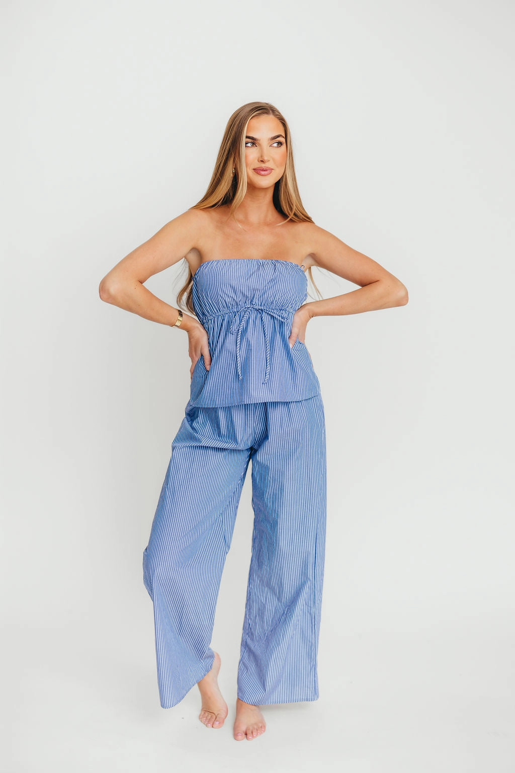 Shelly 100% Cotton Tube Top and Pants Set in Blue Stripe