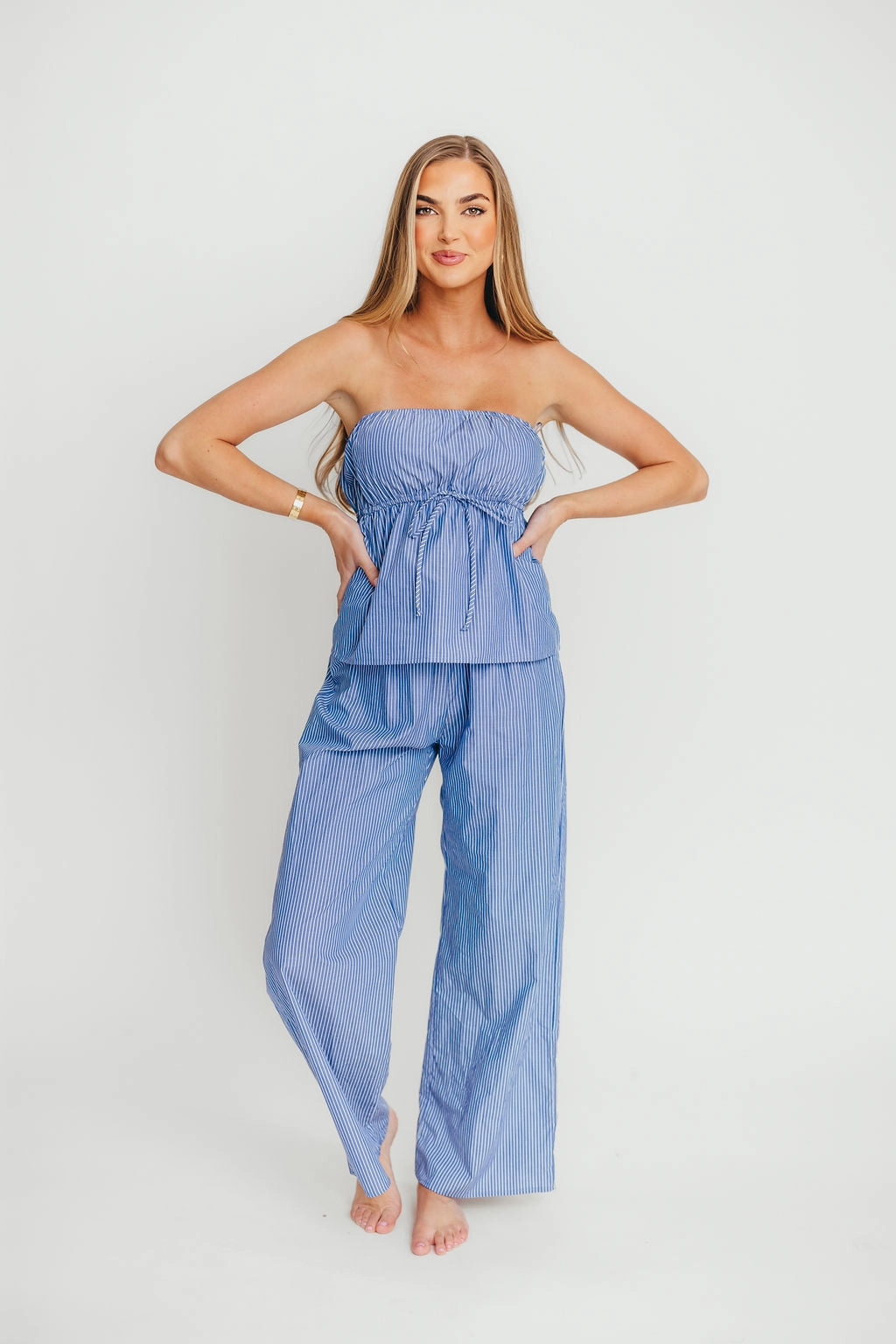 Shelly 100% Cotton Tube Top and Pants Set in Blue Stripe