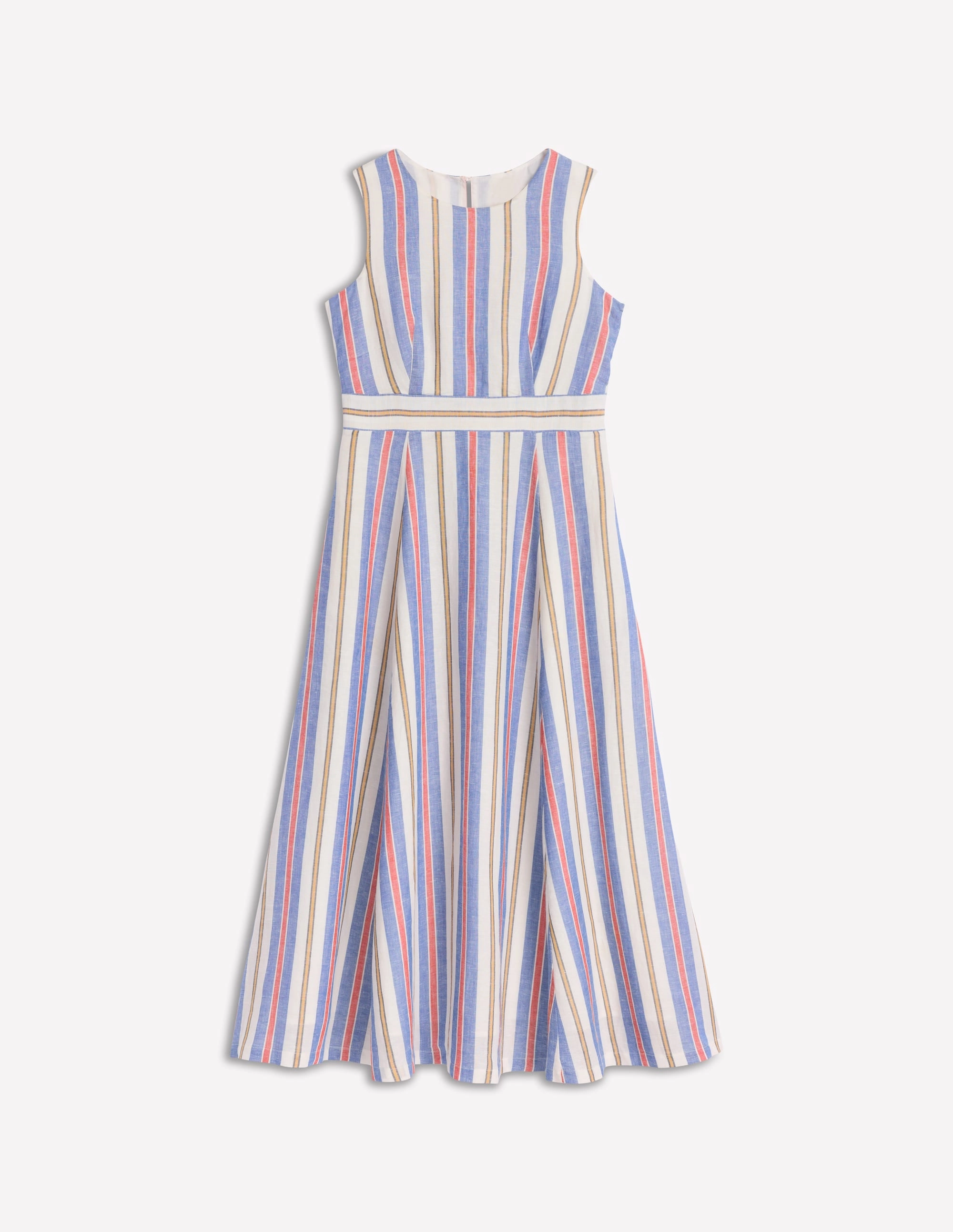 Sleeveless Linen Blend Dress-Bright Blue and Brown Stripe