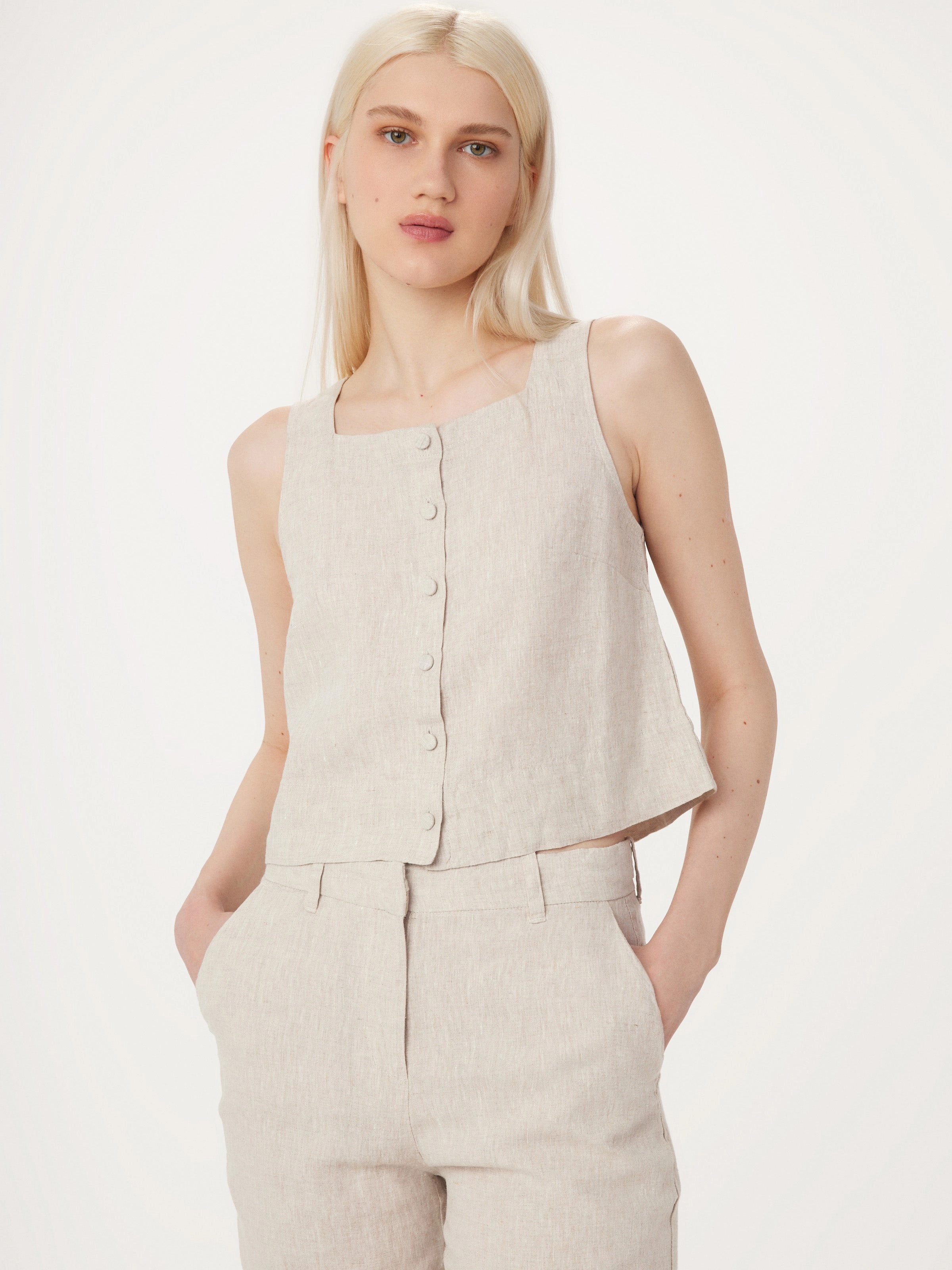 The Shell Linen Top in Light Beige