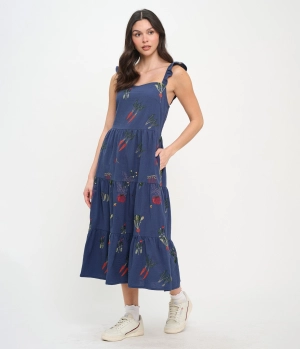 Veggie Garden Embroidered Cotton Midi Dress