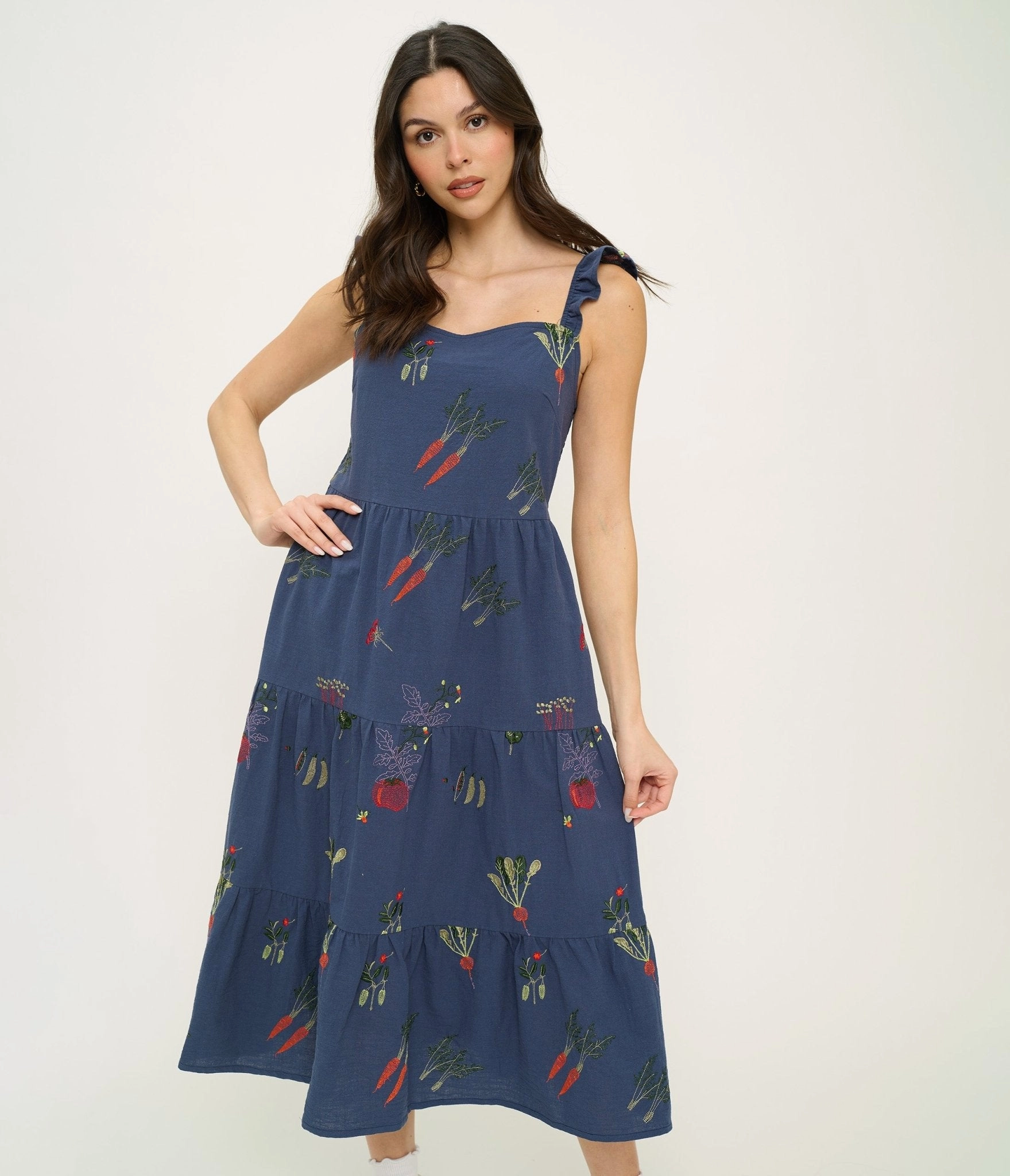 Veggie Garden Embroidered Cotton Midi Dress