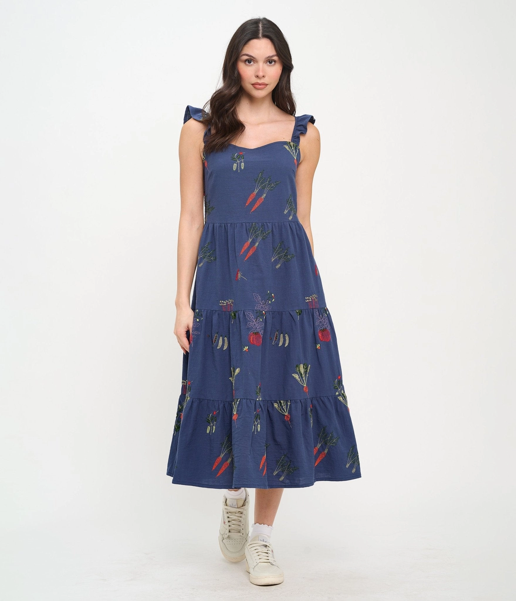 Veggie Garden Embroidered Cotton Midi Dress